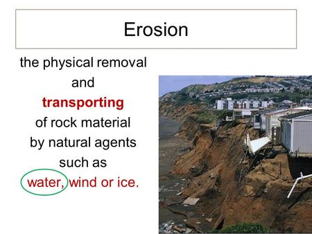 Erosion the physical removal and transporting of rock material by natural agents such as water, wind or ice.