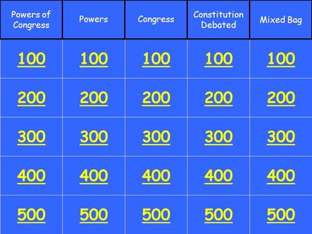 200 400 500 100 200 300 400 500 100 200 300 400 500 100 200 300 400 500 100 200 300 400 500 100 300 Powers of Congress PowersCongress Mixed Bag Constitution.