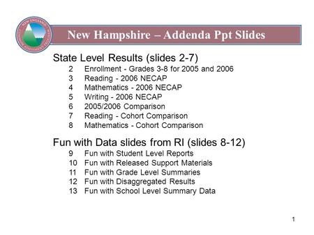 1 New Hampshire – Addenda Ppt Slides State Level Results (slides 2-7) 2Enrollment - Grades 3-8 for 2005 and 2006 3Reading - 2006 NECAP 4Mathematics - 2006.
