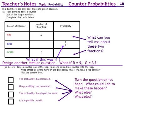 Counter Probabilities Teacher's Notes Topic: Probability