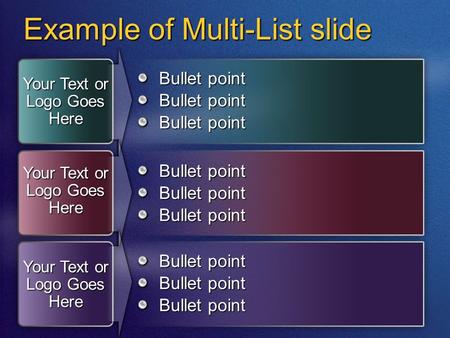 Example of Multi-List slide Bullet point Your Text or Logo Goes Here Bullet point.