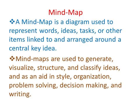 Mind-Map  A Mind-Map is a diagram used to represent words, ideas, tasks, or other items linked to and arranged around a central key idea.  Mind-maps.