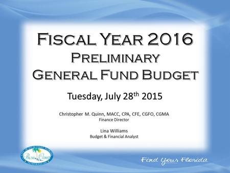 Christopher M. Quinn, MACC, CPA, CFE, CGFO, CGMA Finance Director Lina Williams Budget & Financial Analyst Tuesday, July 28 th 2015.