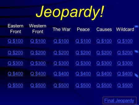 Jeopardy! Eastern Front Western Front The WarPeace Causes Q $100 Q $200 Q $300 Q $400 Q $500 Q $100 Q $200 Q $300 Q $400 Q $500 Final Jeopardy Wildcard.