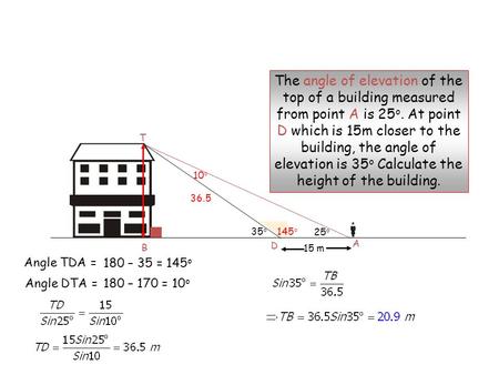 25 o 15 m A D The angle of elevation of the top of a building measured from point A is 25 o. At point D which is 15m closer to the building, the angle.