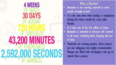 What is Ramadan? Ramadan is not starving yourself as some people wrongly assume. It is the only time when fasting is compulsory during the entire month.