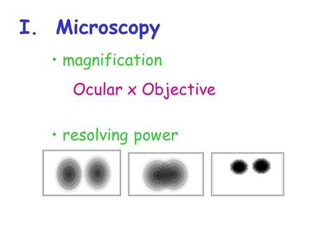 I. Microscopy magnification Ocular x Objective resolving power                            
