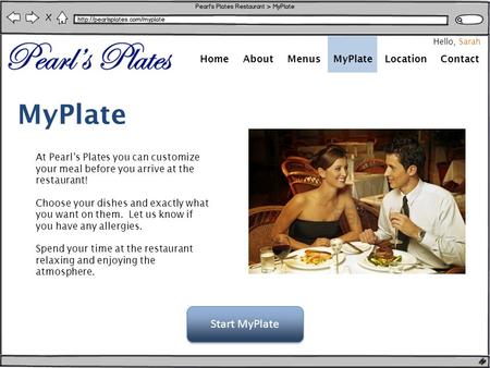 HomeAboutMenusLocationContactMyPlate Hello, Sarah At Pearl’s Plates you can customize your meal before you arrive at the restaurant! Choose your dishes.