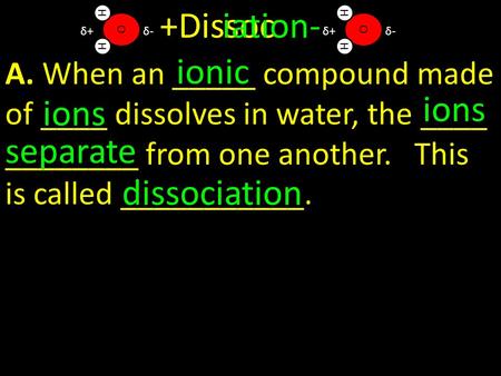 +Dissociation- H H Oδ-δ-δ+δ+ H H Oδ-δ-δ+δ+ A. When an _____ compound made of ____ dissolves in water, the ____ ________ from one another. This is called.