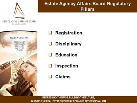 REDRESSING THE PAST, BUILDING THE FUTURE, GUIDING THE REAL ESTATE INDUSTRY TOWARDS PROFESSIONALISM Estate Agency Affairs Board Regulatory Pillars  Registration.