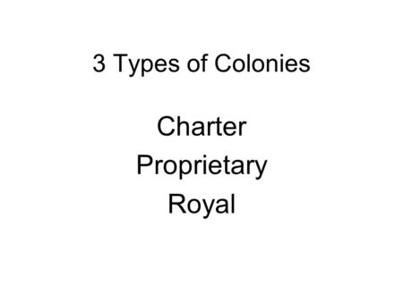 3 Types of Colonies Charter Proprietary Royal. Types of Colonies.