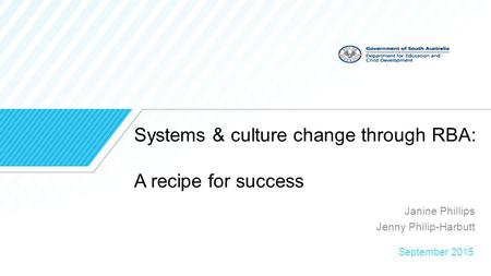 Systems & culture change through RBA: A recipe for success Janine Phillips Jenny Philip-Harbutt September 2015.