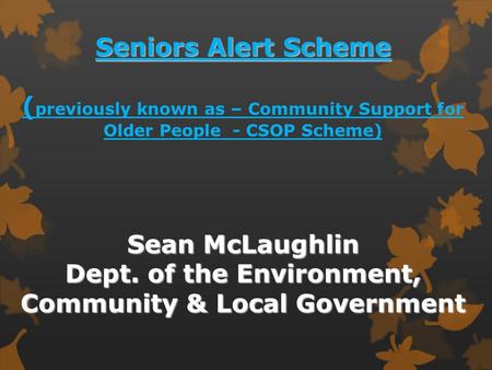 Seniors Alert Scheme Sean McLaughlin Dept. of the Environment, Community & Local Government Seniors Alert Scheme ( previously known as – Community Support.