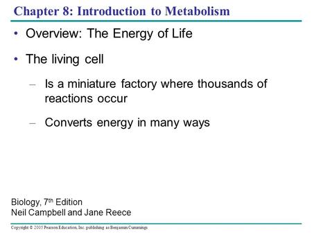 Copyright © 2005 Pearson Education, Inc. publishing as Benjamin Cummings Chapter 8: Introduction to Metabolism Overview: The Energy of Life The living.