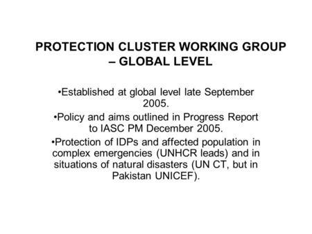 PROTECTION CLUSTER WORKING GROUP – GLOBAL LEVEL Established at global level late September 2005. Policy and aims outlined in Progress Report to IASC PM.