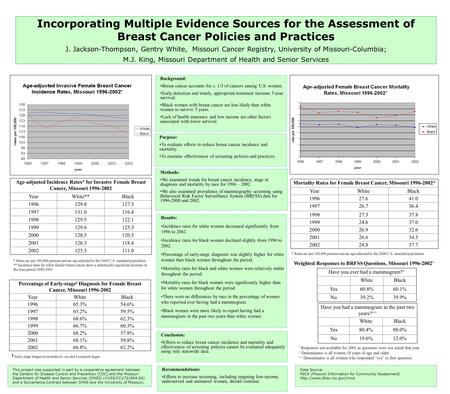 Incorporating Multiple Evidence Sources for the Assessment of Breast Cancer Policies and Practices J. Jackson-Thompson, Gentry White, Missouri Cancer Registry,
