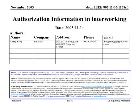 Doc.: IEEE 802.11-05/1138r0 Submission November 2005 Cheng Hong, PanasonicSlide 1 Authorization Information in interworking Notice: This document has been.