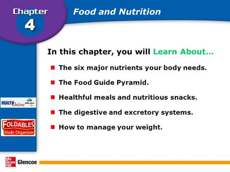 In this chapter, you will Learn About… The six major nutrients your body needs. The Food Guide Pyramid. Healthful meals and nutritious snacks. The digestive.