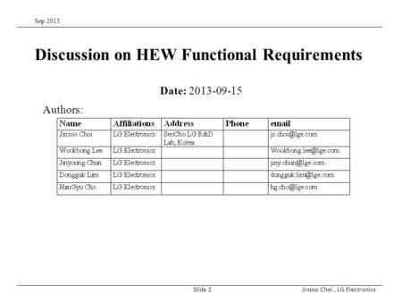 Sep 2013 Jinsoo Choi, LG ElectronicsSlide 1 Discussion on HEW Functional Requirements Date: 2013-09-15 Authors: