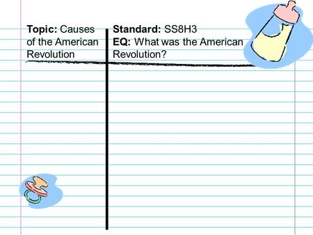 Topic: Causes of the American Revolution Standard: SS8H3 EQ: What was the American Revolution?