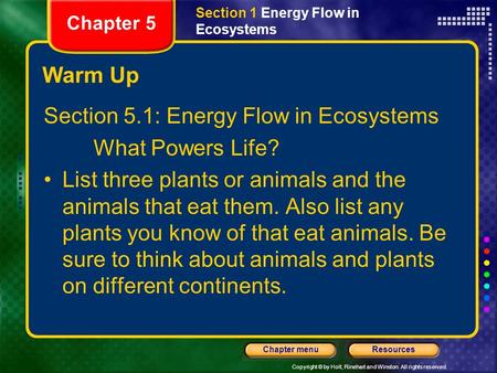 Copyright © by Holt, Rinehart and Winston. All rights reserved. ResourcesChapter menu Warm Up Section 5.1: Energy Flow in Ecosystems What Powers Life?