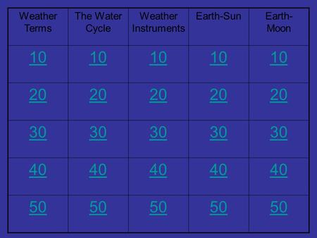 Weather Terms The Water Cycle Weather Instruments Earth-SunEarth- Moon 10 20 30 40 50.