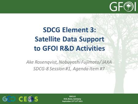 Ake Rosenqvist, Nobuyoshi Fujimoto/ JAXA SDCG-8 Session #1, Agenda Item #7 SDCG Element 3: Satellite Data Support to GFOI R&D Activities SDCG-8 DLR, Bonn,