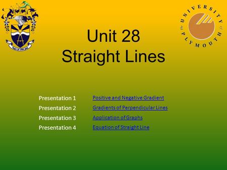 Unit 28 Straight Lines Presentation 1 Positive and Negative Gradient Presentation 2 Gradients of Perpendicular Lines Presentation 3 Application of Graphs.