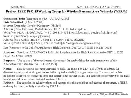 Submission doc: IEEE 802.15-SGAP3a-02/119r0March 2002 Domenico Porcino, Philips + Gadi Shor, Wisair Slide 1 Project: IEEE P802.15 Working Group for Wireless.