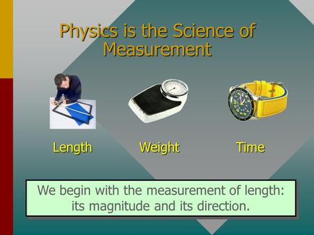 Physics is the Science of Measurement We begin with the measurement of length: its magnitude and its direction. Length Weight Time.