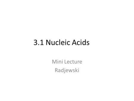 3.1 Nucleic Acids Mini Lecture Radjewski. Keep in mind We will be covering DNA in extreme detail in a later chapter, so for now you just need to know.