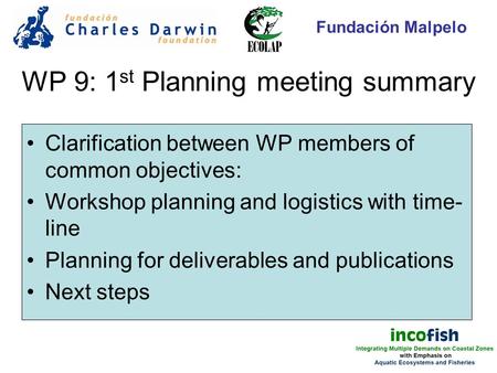 WP 9: 1 st Planning meeting summary Clarification between WP members of common objectives: Workshop planning and logistics with time- line Planning for.
