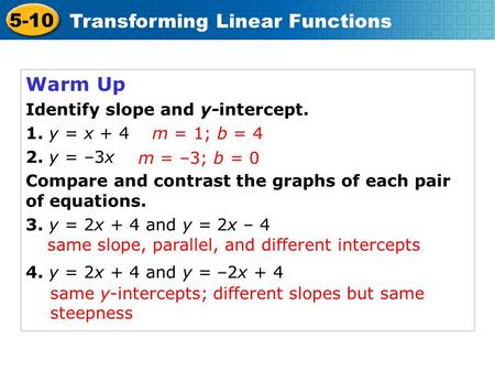 Warm Up Identify slope and y-intercept. 1. y = x y = –3x
