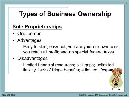 © 2009 The McGraw-Hill Companies, Inc. All rights reserved. 4 McGraw-Hill Sole Proprietorships One person Advantages –Easy to start, easy out; you are.