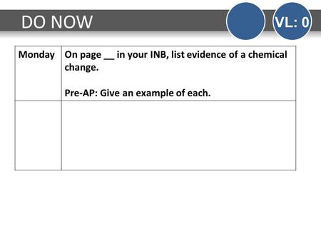 MondayOn page __ in your INB, list evidence of a chemical change. Pre-AP: Give an example of each. DO NOW VL: 0.