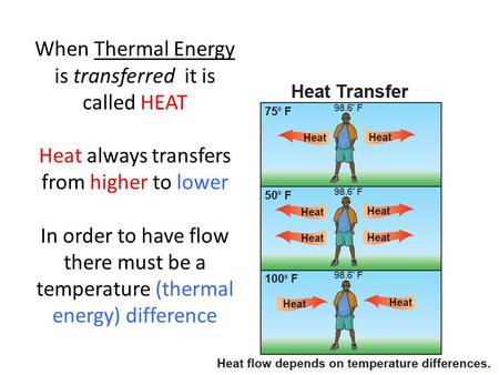 When Thermal Energy is transferred it is called HEAT Heat always transfers from higher to lower In order to have flow there must be a temperature (thermal.