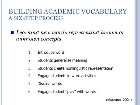 BUILDING ACADEMIC VOCABULARY A SIX-STEP PROCESS Learning new words representing known or unknown concepts 4.Engage students in word activities 5.Discuss.