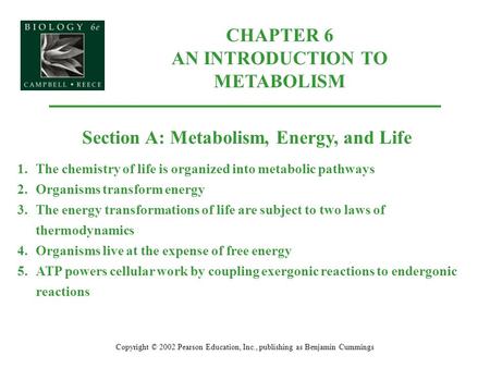 CHAPTER 6 AN INTRODUCTION TO METABOLISM Copyright © 2002 Pearson Education, Inc., publishing as Benjamin Cummings Section A: Metabolism, Energy, and Life.