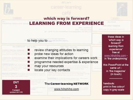 The Career-learning NETWORK www.hihohiho.com to help you to … review changing attitudes to learning probe new ideas for action examine their implications.