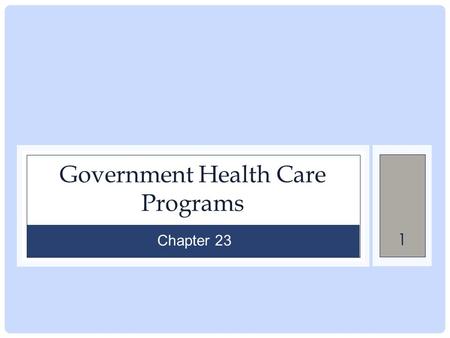 1 Government Health Care Programs Chapter 23. 2 Chapter Outline MEDICAID MEDICARE CHILD HEALTH INSURANCE PROGRAM PATIENT PROTECTION AND AFFORDABLE CARE.