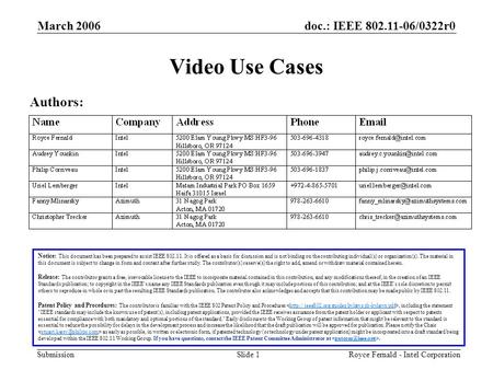 Doc.: IEEE 802.11-06/0322r0 Submission March 2006 Royce Fernald - Intel CorporationSlide 1 Video Use Cases Notice: This document has been prepared to assist.