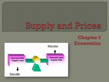 Chapter 3 Economics. SupplySupply amount of goods and services business firms are willing and able to provide at different prices.