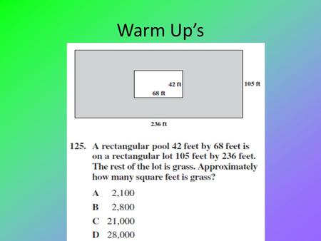 Warm Up’s. Area of Trapezoids Trapezoids b1b1 b2b2 h Trapezoids have 2 bases. They are the parallel sides. The height is determined by forming a.