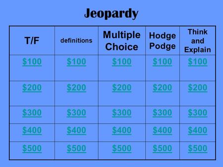 Jeopardy T/F definitions Multiple Choice Hodge Podge Think and Explain $100 $200 $300 $400 $500.