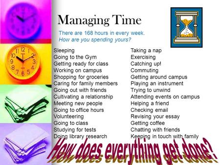 Managing Time There are 168 hours in every week. How are you spending yours? Sleeping Going to the Gym Getting ready for class Working on campus Shopping.