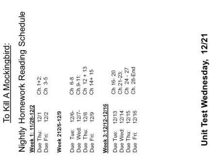 To Kill A Mockingbird: Nightly Homework Reading Schedule Due Thu: 12/1 Due Fri: 12/2 Week 212/5-12/9 Due Tue: 12/6- Due Wed: 12/7- Due Thu: 12/8 Due Fri: