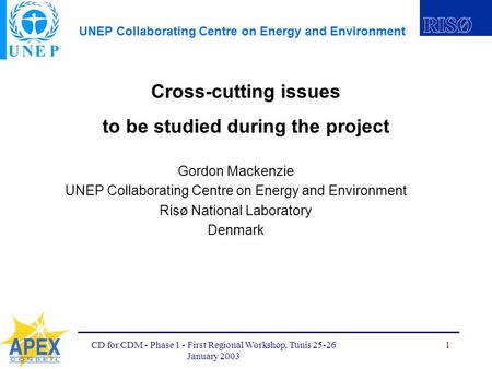 UNEP Collaborating Centre on Energy and Environment CD for CDM - Phase 1 - First Regional Workshop, Tunis 25-26 January 2003 1 Cross-cutting issues to.