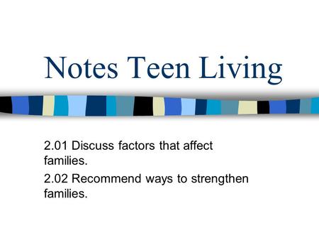 Notes Teen Living 2.01 Discuss factors that affect families. 2.02 Recommend ways to strengthen families.