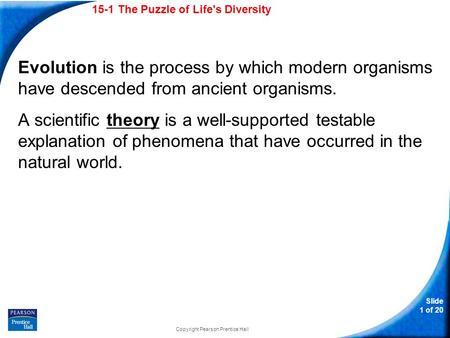 15-1 The Puzzle of Life's Diversity Slide 1 of 20 Copyright Pearson Prentice Hall 15-1 The Puzzle of Life's Diversity Evolution is the process by which.