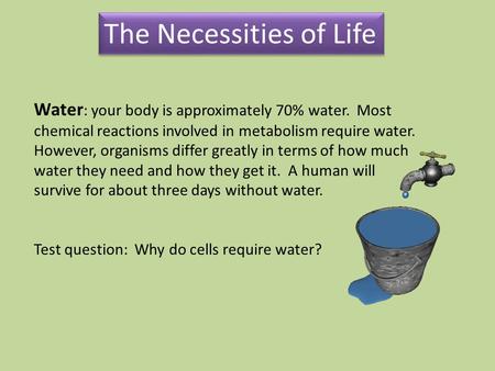 The Necessities of Life Water : your body is approximately 70% water. Most chemical reactions involved in metabolism require water. However, organisms.
